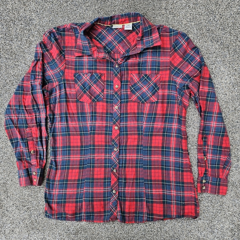 LL Bean Women's Scotch Plaid Shirt Red Green Relaxed Fit Button Up Size Medium